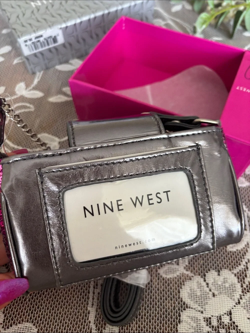 NIB Nine West Pink and Silver Sequin Phone Clutch with Logo Plate. Original box